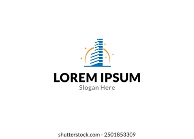 Skyscraper building logo decorated with moon and stars in flat vector design style