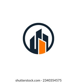 Diseño del logotipo de construcción de rascacielos con diseño de forma circular