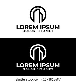 Skyscraper building building logo template with circle line art symbol in flat design monogram illustration