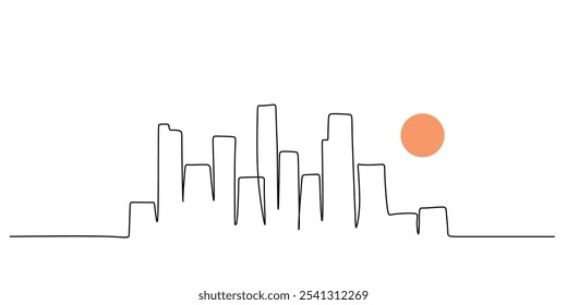 Skyscraper building with sun in continuous one line drawing. Urban building concept with minimalist design.
