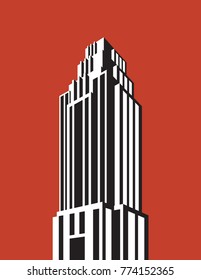 Skyscraper Building Vector Illustration.
Retro Art Deco Style Architectural Building Black And White Design.