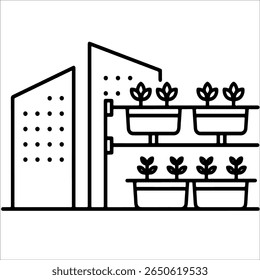 Skyscraper building with vertical garden and roof farming. Sustainable urban agriculture and green architecture concept. Hydroponic icon