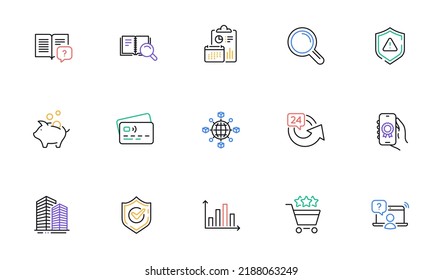 Skyscraper buildings, 24 hours and Card line icons for website, printing. Collection of Research, Shield, Confirmed icons. Instruction manual, Piggy bank, Online question web elements. Vector