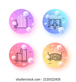 Skyscraper buildings, Agent and Arena minimal line icons. 3d spheres or balls buttons. Market buyer icons. For web, application, printing. Town architecture, Real estate, Sport stadium. Vector