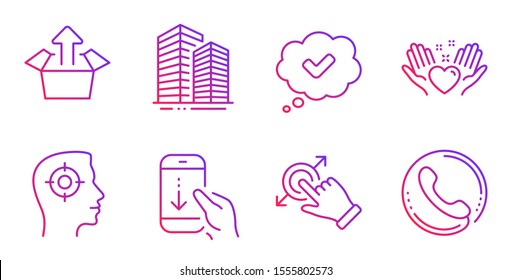 Skyscraper buildings, Approved and Send box line icons set. Scroll down, Hold heart and Touchscreen gesture signs. Recruitment, Call center symbols. Town architecture, Comic message. Vector
