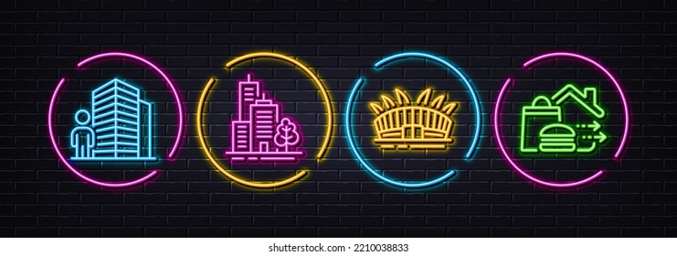 Skyscraper Buildings, Arena Stadium And Agent Minimal Line Icons. Neon Laser 3d Lights. Food Delivery Icons. For Web, Application, Printing. Town Architecture, Sport Complex, Real Estate. Vector