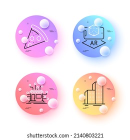 Edificios de rascacielos, realidad aumentada e íconos mínimos de Pizza. botones de esferas o bolas 3d. Iconos de distribución. Para web, aplicación, impresión. Vector