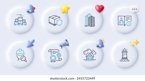 Skyscraper buildings, Boxes pallet and Construction document line icons. Buttons with 3d bell, chat speech, cursor. Pack of Technical algorithm, Lighthouse, Building icon. Vector