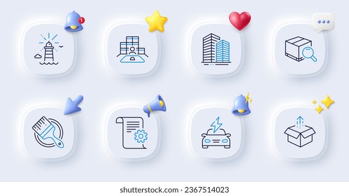 Skyscraper buildings, Car charging and Lighthouse line icons. Buttons with 3d bell, chat speech, cursor. Pack of Send box, Brush, Technical documentation icon. Vector