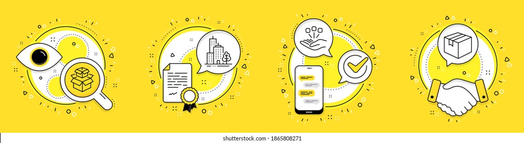 Skyscraper buildings, Consolidation and Packing boxes line icons set. Licence, cell phone and deal vector icons. Parcel sign. Town architecture, Strategy, Delivery box. Shipping box. Vector