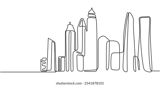 Skyscraper buildings in continuous one line drawing. Architectural design concept focusing on urban development.