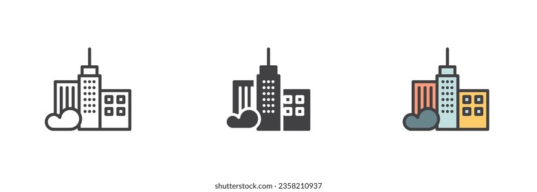Skyscraper buildings different style icon set. Line, glyph and filled outline colorful version, outline and filled vector sign. Symbol, logo illustration. Vector graphics