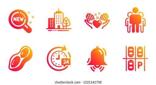 Skyscraper buildings, Group and New products line icons set. Peanut, Clock bell and Hold heart signs. 24h delivery, Parking place symbols. Town architecture, Managers. Business set. Vector