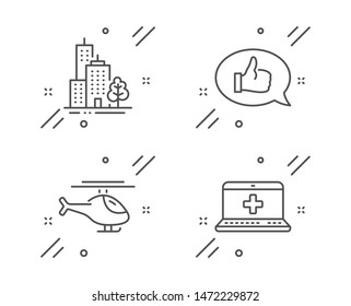 Skyscraper buildings, Helicopter and Feedback line icons set. Medical help sign. Town architecture, Copter, Speech bubble. Medicine laptop. Business set. Line skyscraper buildings outline icon. Vector