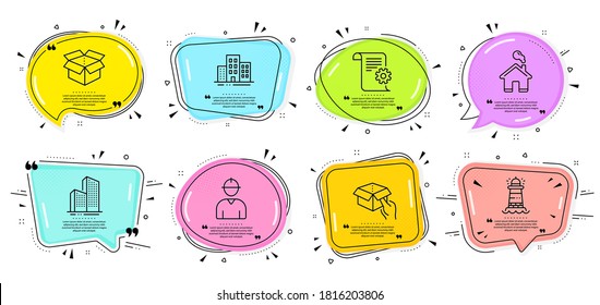 Skyscraper buildings, Buildings and Home signs. Speech bubbles with quotes. Engineer, Open box and Hold box line icons set. Lighthouse, Technical documentation symbols. Vector