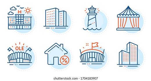 Skyscraper buildings, Lighthouse and Hotel signs. Buildings, Loan house and Sports arena line icons set. Arena, Circus tent symbols. Town apartments, Discount percent. Buildings set. Vector