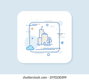Skyscraper buildings line icon. Abstract square vector button. City architecture with tree sign. Town symbol. Skyscraper buildings line icon. Quality concept badge. Vector