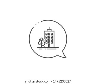 Skyscraper buildings line icon. Chat bubble design. City architecture with tree sign. Town symbol. Outline concept. Thin line skyscraper buildings icon. Vector