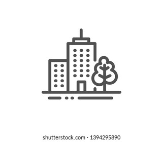 Skyscraper buildings line icon. City architecture with tree sign. Town symbol. Quality design element. Linear style skyscraper buildings icon. Editable stroke. Vector