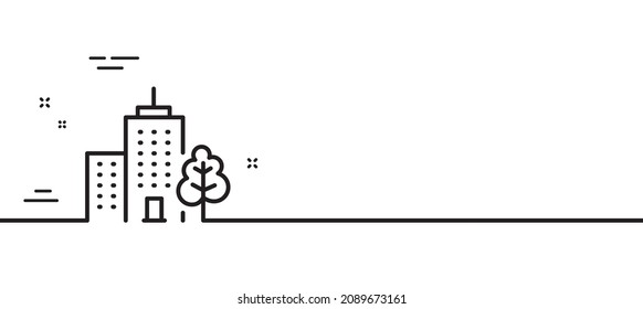 Skyscraper buildings line icon. City architecture with tree sign. Town symbol. Minimal line illustration background. Skyscraper buildings line icon pattern banner. White web template concept. Vector