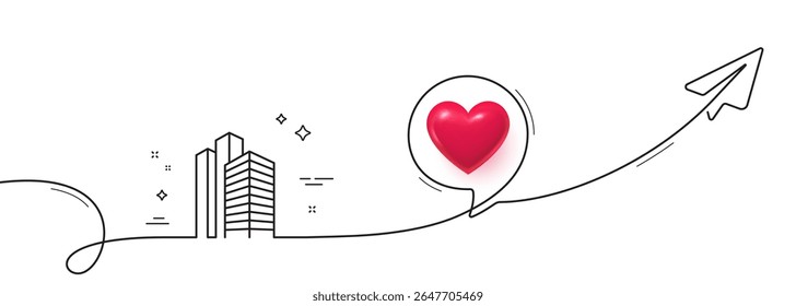 Skyscraper buildings line icon. Continuous line with share plane. City architecture sign. Town symbol. 3d heart in speech bubble. Skyscraper buildings single line ribbon. Loop curve pattern. Vector