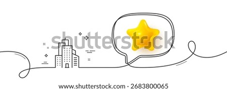 Skyscraper buildings line icon. Continuous line with 3d star. City architecture sign. Town symbol. 3d star in speech bubble. Skyscraper buildings single line ribbon. Loop curve pattern. Vector