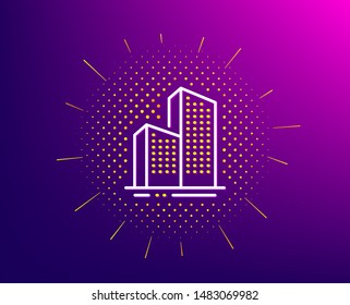 Skyscraper buildings line icon. Halftone pattern. City architecture sign. Town symbol. Gradient background. Skyscraper buildings line icon. Yellow halftone pattern. Vector