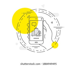 Icono de la línea de edificios de rascacielos. Botón vector del teléfono móvil. Arquitectura urbana con signo de árbol. Símbolo de pueblo. Icono de la línea de edificios de rascacielos. Insignia conceptual abstracta. Vector