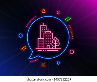Skyscraper buildings line icon. Neon laser lights. City architecture with tree sign. Town symbol. Glow laser speech bubble. Neon lights chat bubble. Banner badge with skyscraper buildings icon. Vector