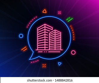 Skyscraper buildings line icon. Neon laser lights. City architecture sign. Town symbol. Glow laser speech bubble. Neon lights chat bubble. Banner badge with skyscraper buildings icon. Vector