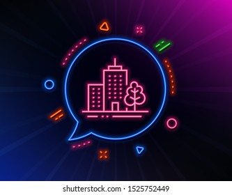 Skyscraper buildings line icon. Neon laser lights. City architecture with tree sign. Town symbol. Glow laser speech bubble. Neon lights chat bubble. Banner badge with skyscraper buildings icon. Vector