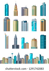 Skyscraper buildings. Modern building flat office city apartment, house residential block, exterior business town cartoon vector