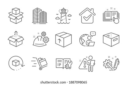 Skyscraper Buildings, Office Box And Engineering Documentation Line Icons Set. Return Package, Lighthouse And Working Process Signs. Line Icons Set. Vector