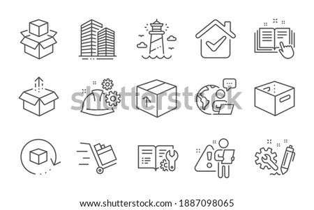 Skyscraper buildings, Office box and Engineering documentation line icons set. Return package, Lighthouse and Working process signs. Line icons set. Vector