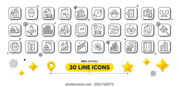 Skyscraper buildings, Return package and Paint roller line icons pack. 3d design elements. Packing boxes, Entrance, Eco power web icon. Buildings, Technical info, Open door pictogram. Vector