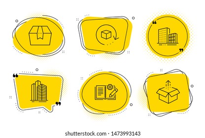 Skyscraper buildings, Buildings and Send box signs. Chat bubbles. Return package, Engineering documentation and Package box line icons set. Exchange goods, Manual, Delivery goods. Vector