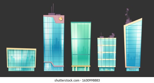 Skyscraper buildings set, modern house architecture. City towers with glass windows and satellite antennas, office center or hotel exterior isolated on black background. Cartoon vector illustration