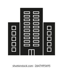 Skyscraper Buildings Solid Icon. Urban Architecture, Cityscape, And Real Estate Development Silhouette Symbol. Modern Infrastructure And Business District. Isolated Vector Illustration.