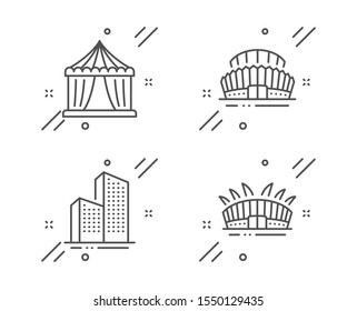 Skyscraper buildings, Sports stadium and Circus tent line icons set. Arena stadium sign. Town architecture, Championship arena, Attraction park. Sport complex. Buildings set. Vector