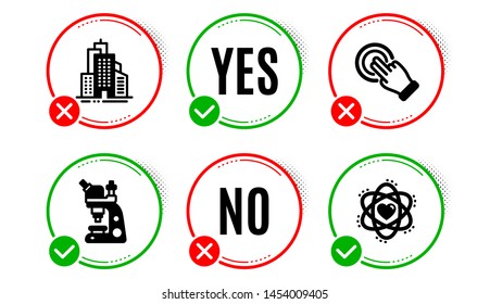 Skyscraper buildings, Touchscreen gesture and Microscope icons simple set. Yes no check box. Atom sign. Town architecture, Click hand, Chemistry laboratory. Electron. Business set. Vector