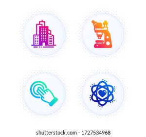 Skyscraper buildings, Touchscreen gesture and Microscope icons simple set. Button with halftone dots. Atom sign. Town architecture, Click hand, Chemistry laboratory. Electron. Business set. Vector