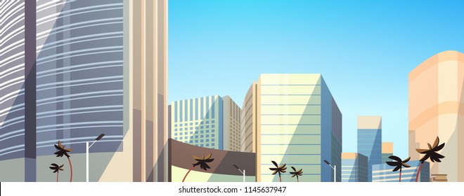 skyscraper buildings view modern cityscape downtown horizontal banner flat vector illustration