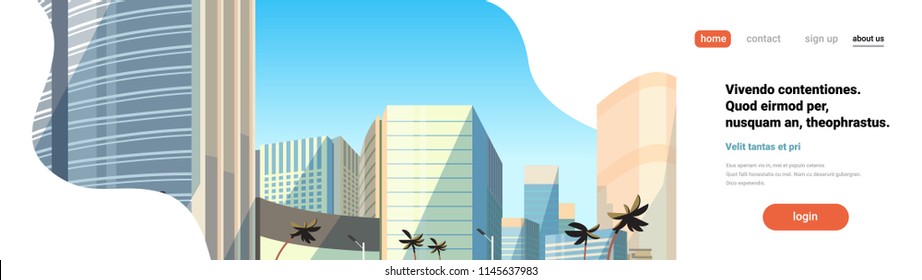 skyscraper buildings view modern cityscape downtown horizontal banner copy space flat vector illustration