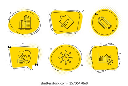 Skyscraper buildings, World time and Operational excellence signs. Chat bubbles. Face cream, Cutting board and Paper clip line icons set. Gel, Knife, Attach paperclip. Town architecture. Vector