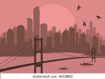Skyscraper city bridge landscape illustration