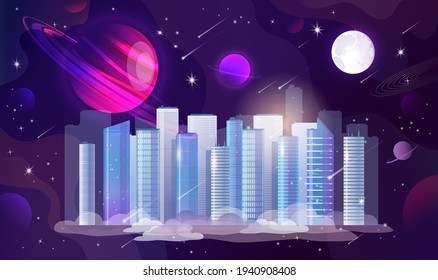 The skyscraper city center is flying in outer space. All around the downtown there are different planets, stars, asteroid rain, milky way, moon. Vector graphic illustration.