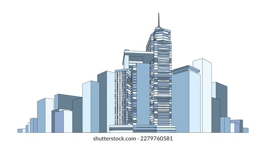 A skyscraper in the city is defined as a continuously habitable high-rise building that has over 40 floors, City architecture sketch 3d illustration 