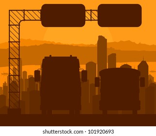 Skyscraper city landscape with truck and bus illustration vector background