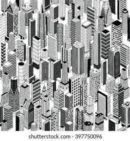 Skyscraper City Seamless Pattern is hand drawing of different high-rise buildings in isometric projection. Illustration is in eps8 vector mode.