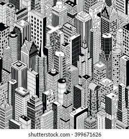 Skyscraper City Seamless Pattern (large) is hand drawing of different high-rise buildings like Manhattan in isometric projection. Illustration is in eps8 vector mode.